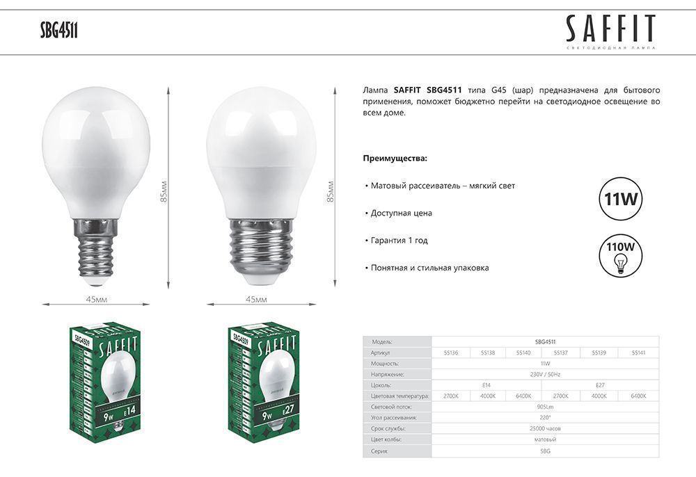 E14 Лампа светодиодная SAFFIT SBG4511 Шарик E14 11W 6400K 55140 