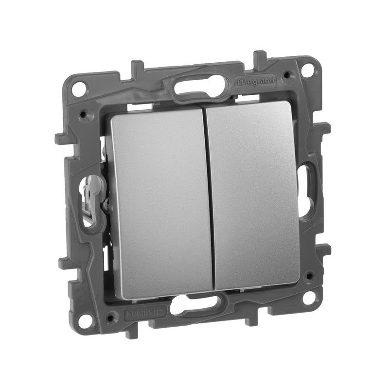 Legrand Etika Алюминий Выключатель Legrand Etika алюминий 2-клавишный, авт.клеммы, 10 AX, 250 В 672402