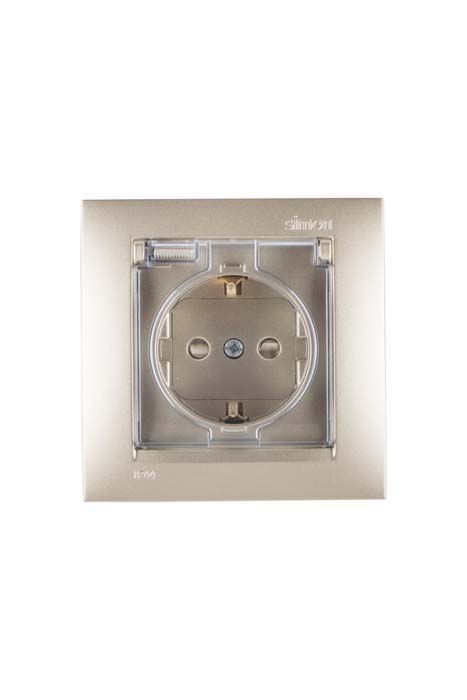 Розетки и выключатели Simon 15 Шампань Розетка с/з Simon 15 Шампань со шторками с крышкой IP44 16А 1590450-034