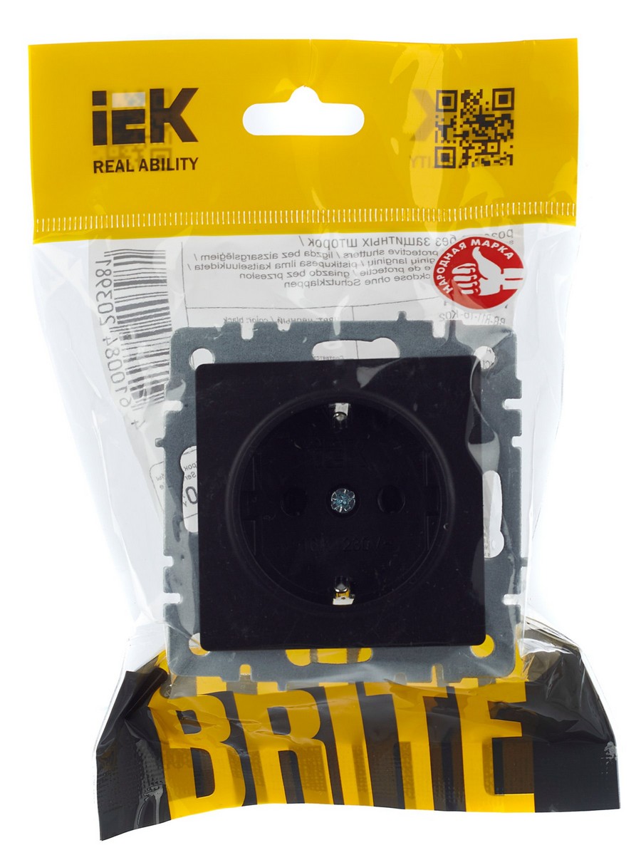 IEK Brite Черный Розетка IEK BRITE с/з без шторок 16А РС11-1-0-БрЧ черный BR-R11-16-K02