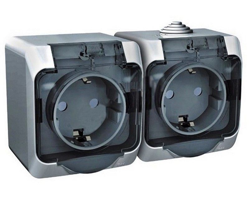 Этюд Серый Розетка 2-я Systeme Electric Этюд наружный Серая с/з со шторками c крышкой IP44 PA16-244C