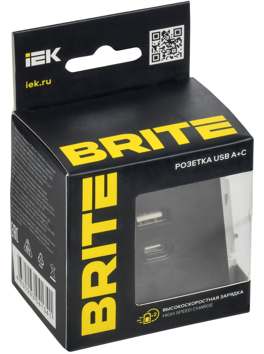 IEK Brite Черный Розетка USB IEK BRITE A+C 45Вт высокоск. зар. РЮ11-2-БрЧ черный