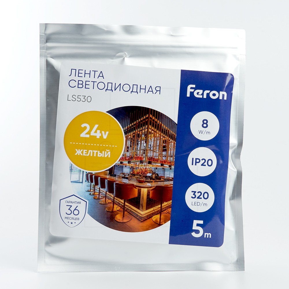 Светодиодная лента белая теплая Лента светодиодная Feron LS530 COB 320SMD(2110)/м 8Вт/м 24V желтый IP20 5 метров 48269 