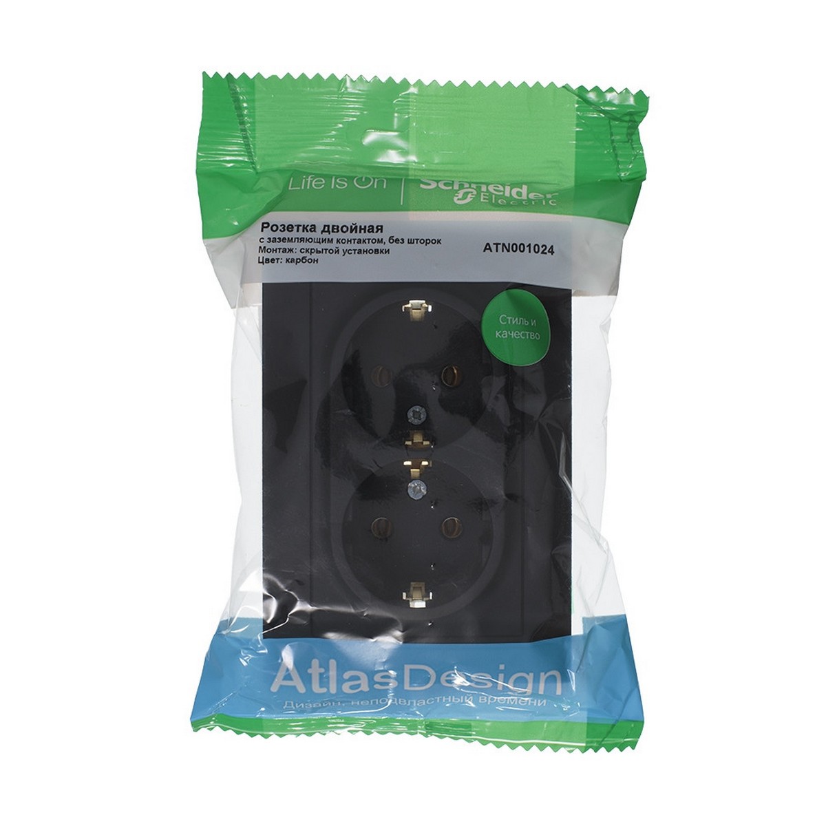 AtlasDesign Карбон Розетка Systeme Electric AtlasDesign Карбон с/з двойная, 16А, в сборе ATN001024