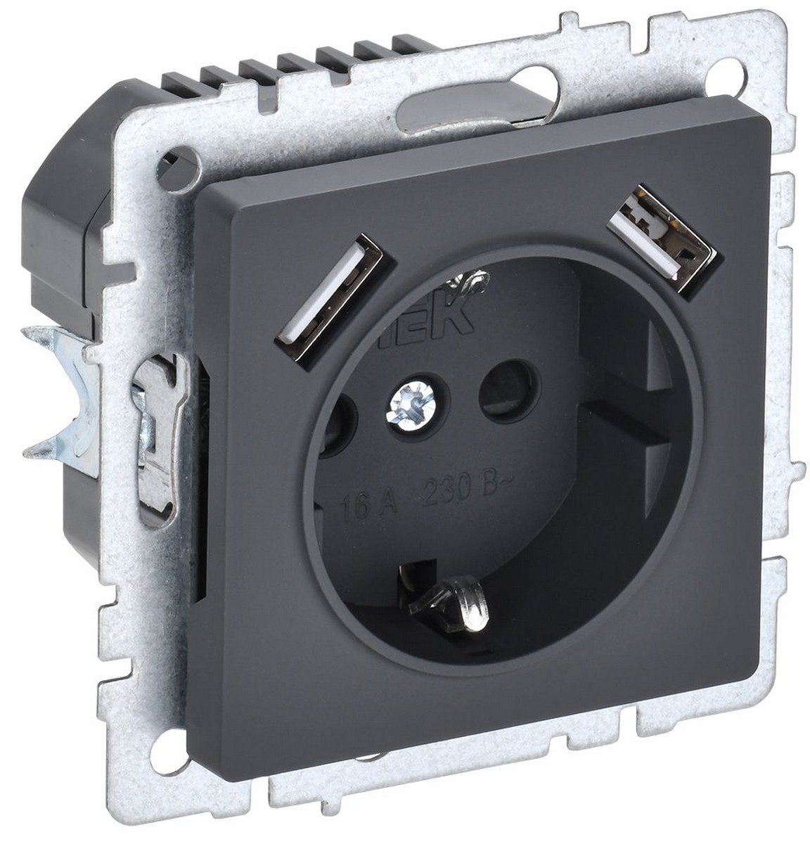 IEK Brite Графит Розетка IEK BRITE с с/з и шторками 16А с USB A+A 3,1А РЮш10-2-БрГ графит BR-R14-16-U21-D31-K53