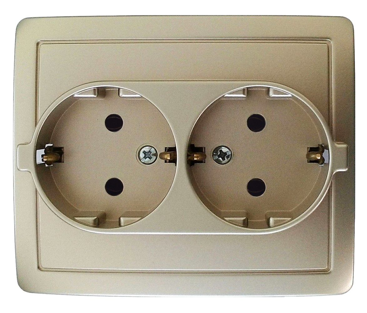 Розетки и выключатели Simon 15 Шампань Розетка двойная Simon 15 Шампань с/з 2*2Р+Е без шторок, винт.зажим, 1590456-034