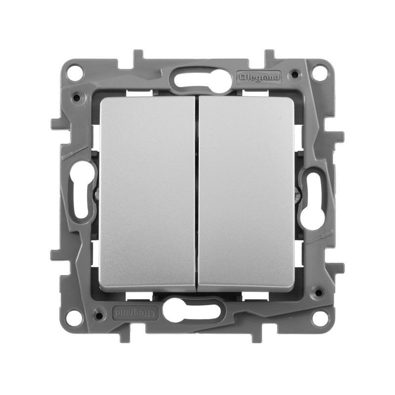 Legrand Etika Алюминий Выключатель Legrand Etika алюминий 2-клавишный, авт.клеммы, 10 AX, 250 В 672402