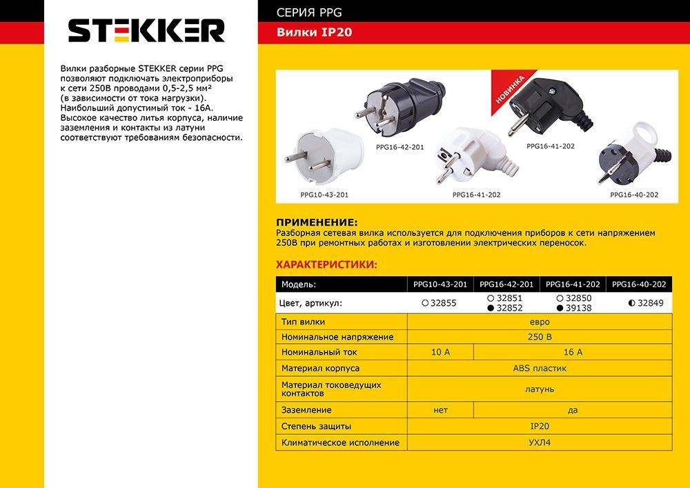 Вилка прямая с/з STEKKER PPG16-42-201 ABS пластик 250В 16A IP20 белая 32851