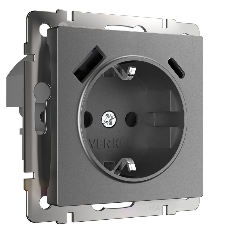 Werkel Графит матовый Розетка Werkel с заземлением, шторками и USB тип A+C  (графит матовый) W1171764