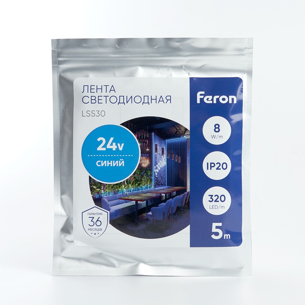 Светодиодная лента синяя Лента светодиодная Feron LS530 COB 320SMD(2110)/м 8Вт/м 24V синий IP20 5 метров 48267 
