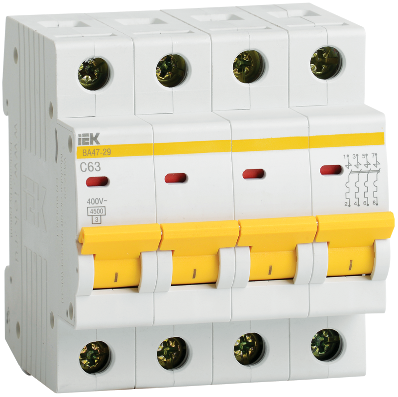 4 полюсные (четырехполюсные) Автоматический выключатель IEK KARAT ВА47-29 4Р 32А 4,5кА х-ка С MVA20-4-032-C 