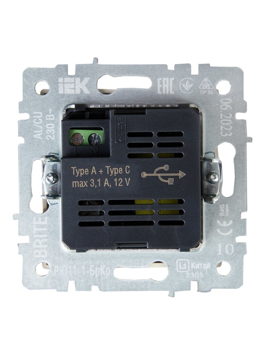 IEK Brite Бежевый Розетка IEK BRITE USB A+C 18Вт РЮ11-1-БрКр бежевый BR-U22-018-K10