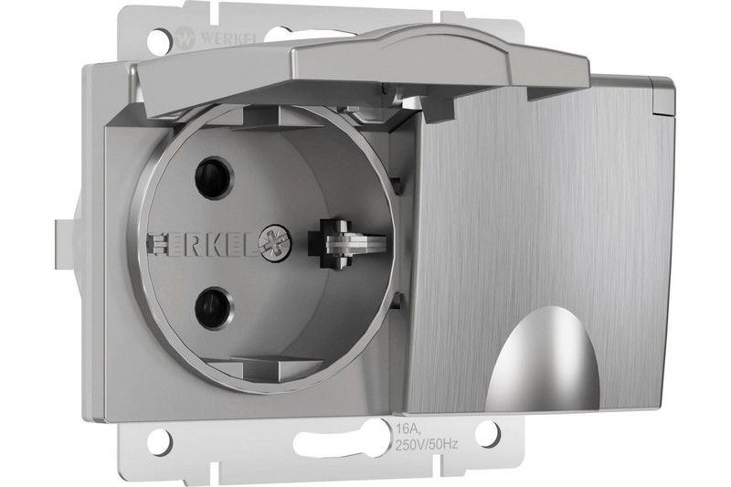 Werkel Серебряный рифленный механизмы Розетка Werkel двойная влагозащ. с зазем. с защит. крышками и шторками (серебряный рифленый) W117220