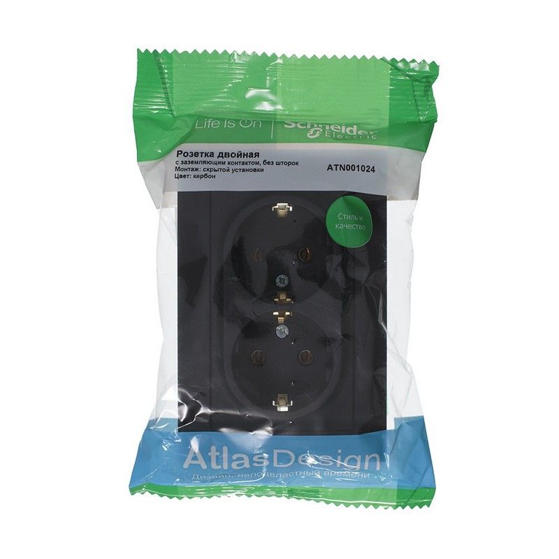AtlasDesign Карбон Розетка Systeme Electric AtlasDesign Карбон с/з двойная, 16А, в сборе ATN001024