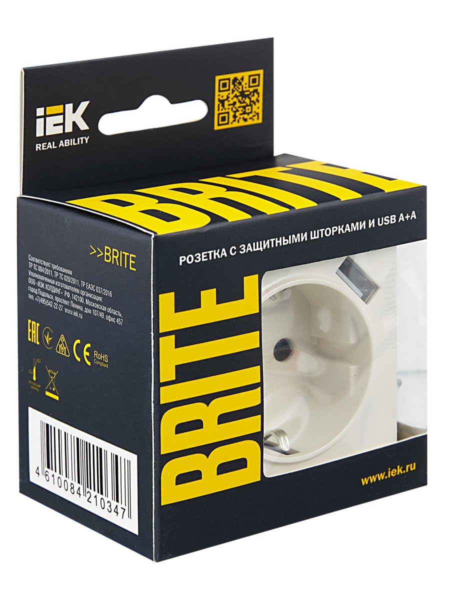 IEK Brite Жемчуг Розетка IEK BRITE с с/з и шторками 16А с USB A+A 3,1А РЮш10-2-БрЖ жемчужный BR-R14-16-U21-D31-K36