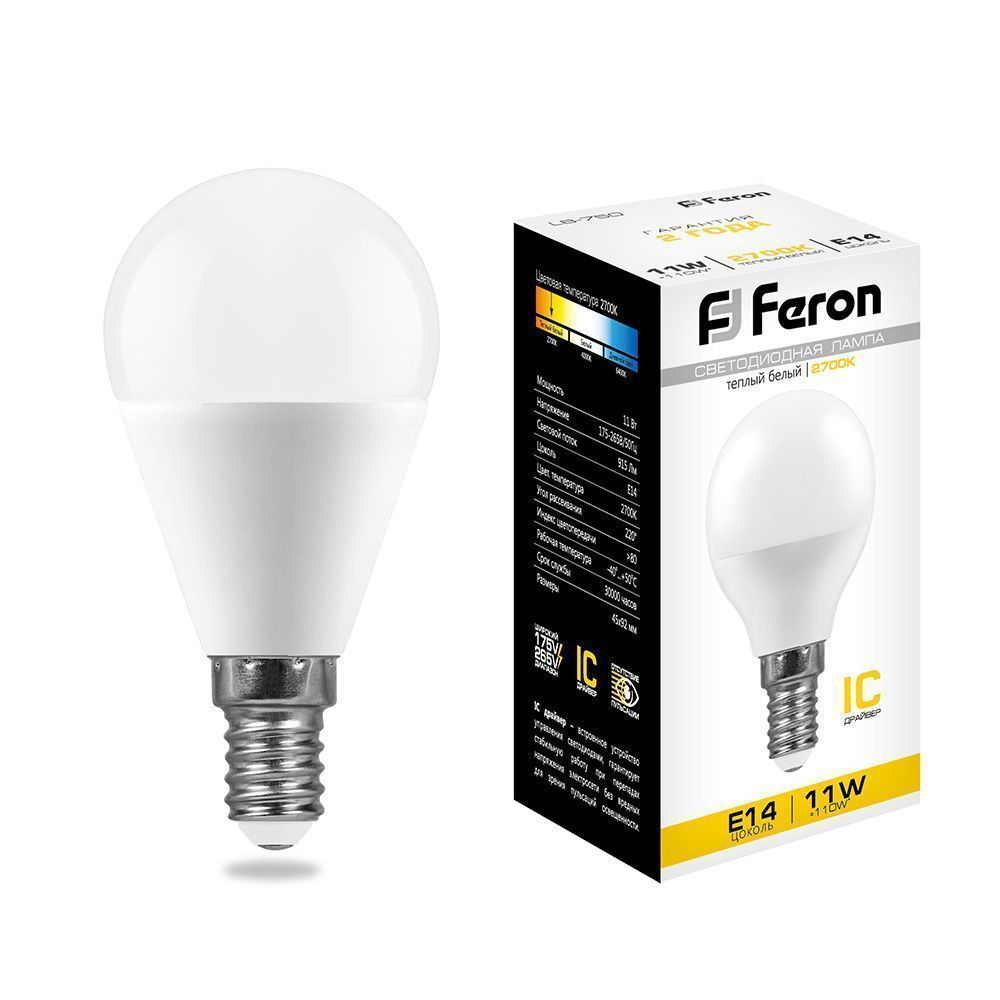 E14 Лампа светодиодная Feron LB-750 Шарик E14 11W 2700K 25946 