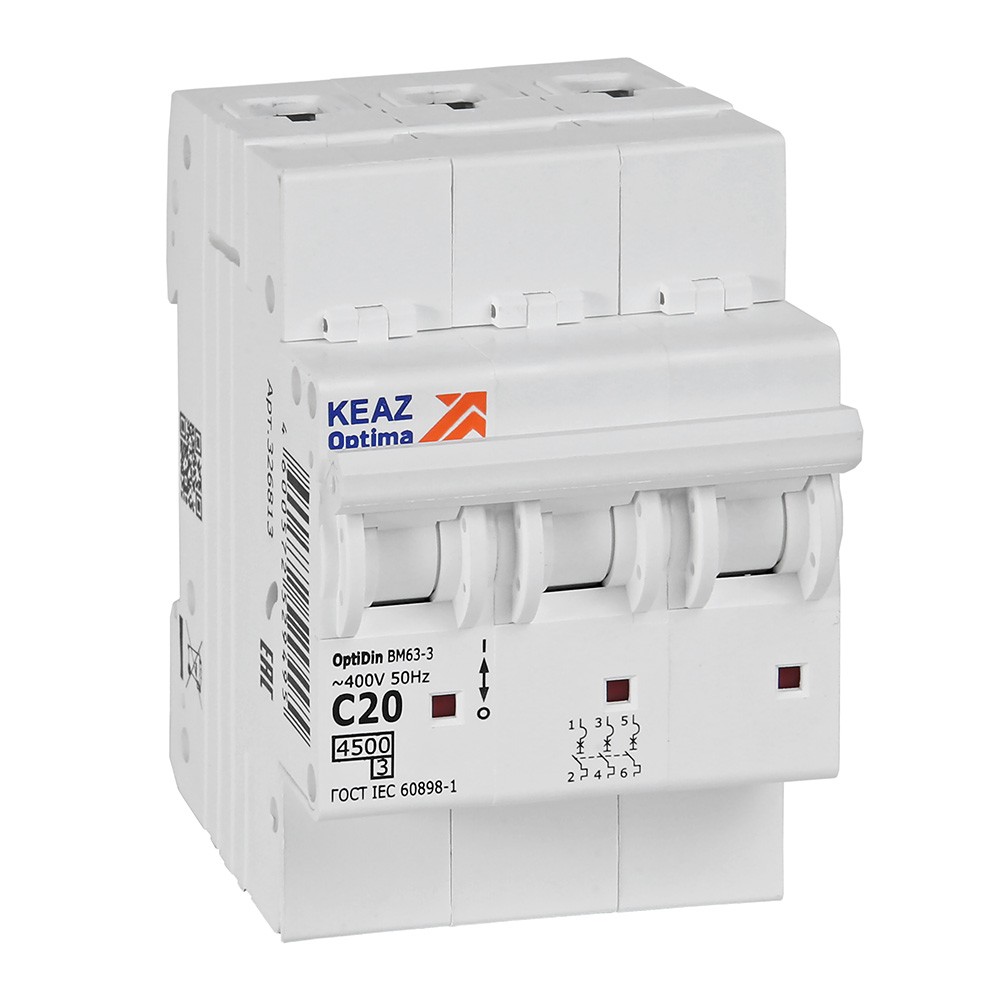 КЭАЗ Автоматический выключатель КЭАЗ OptiDin BM63 3P 20А C 4,5кА AC (BM63-3C20-4,5-УХЛ3) 326813