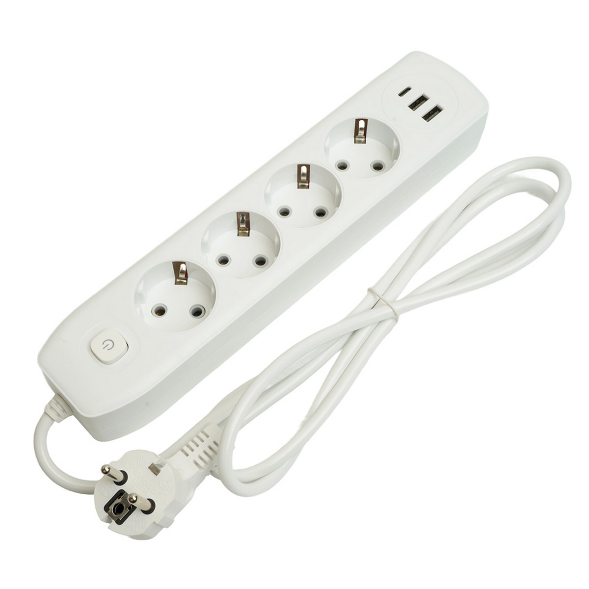 Колодки и удлинители, тройники Удлинитель STEKKER HM08-43-02 4-местный c/з 3x1 мм2 1,8 м 2USB+1Type-C 2,4А Home белый 49971 