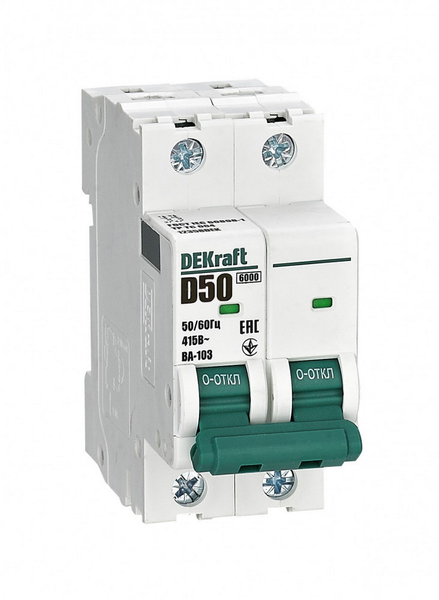 2 полюсные (двухполюсные) Автоматический выключатель Dekraft 2Р 50А х-ка D ВА-103 6кА 12358DEK
