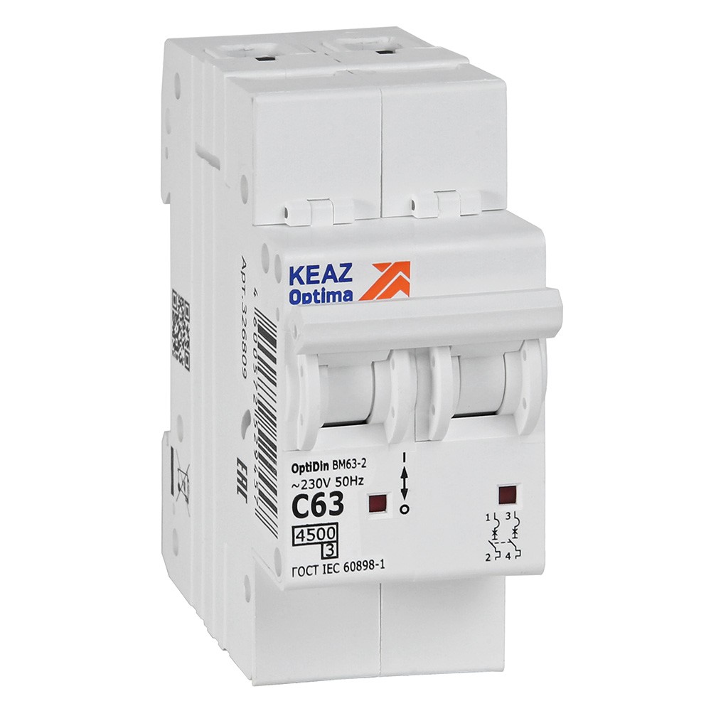 КЭАЗ Автоматический выключатель КЭАЗ OptiDin BM63 2P 63А C 4,5кА AC (BM63-2C63-4,5-УХЛ3) 326809