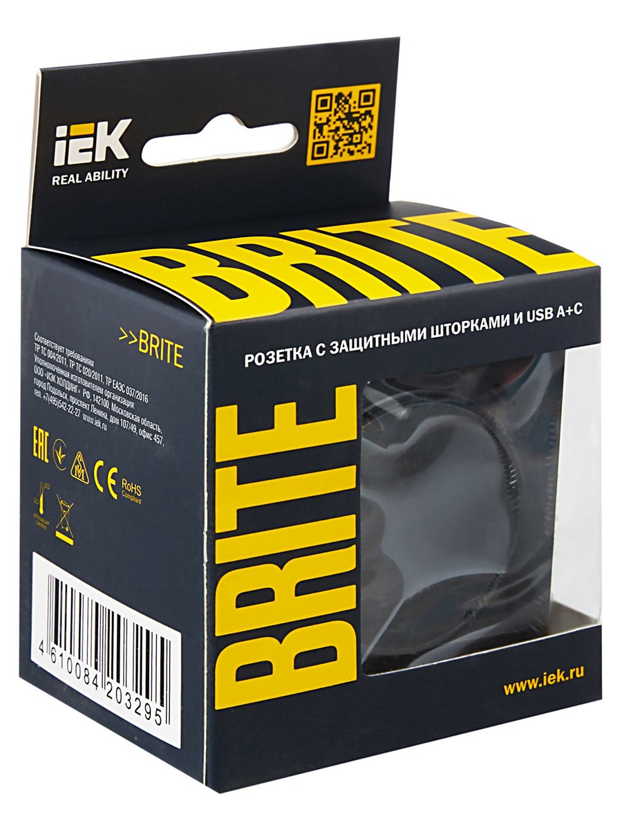 IEK Brite Черный Розетка IEK BRITE с с/з и шторками 16А с USB A+C 18Вт РЮш11-1-БрЧ черный BR-R14-16-U22-018-K02