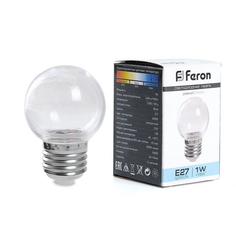 E27 Лампа светодиодная Feron LB-37 Шарик прозрачный E27 1W 2700K 38119 