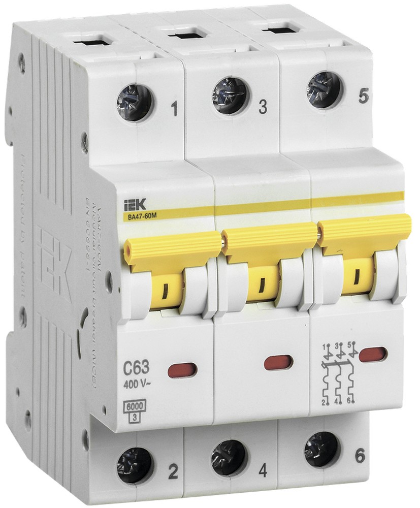 3 полюсные (трехполюсные) Автоматический выключатель IEK KARAT ВА47-60M 3Р 16А 6кА С MVA31-3-016-C