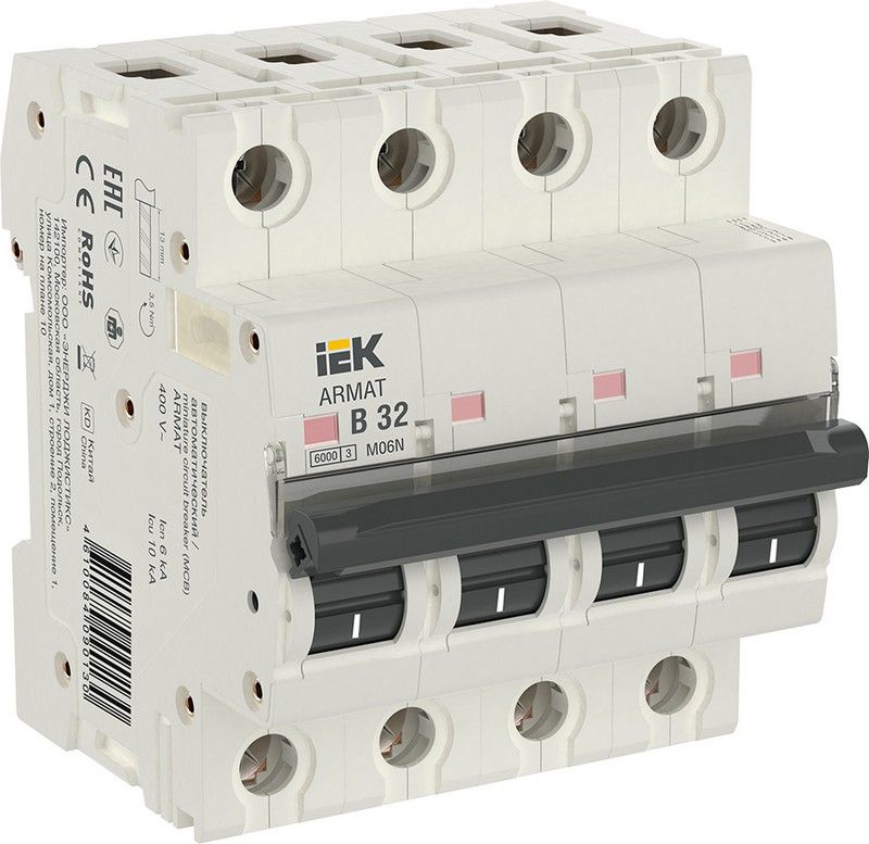 4 полюсные (четырехполюсные) Автоматический выключатель IEK ARMAT M06N 4P B 32А AR-M06N-4-B032