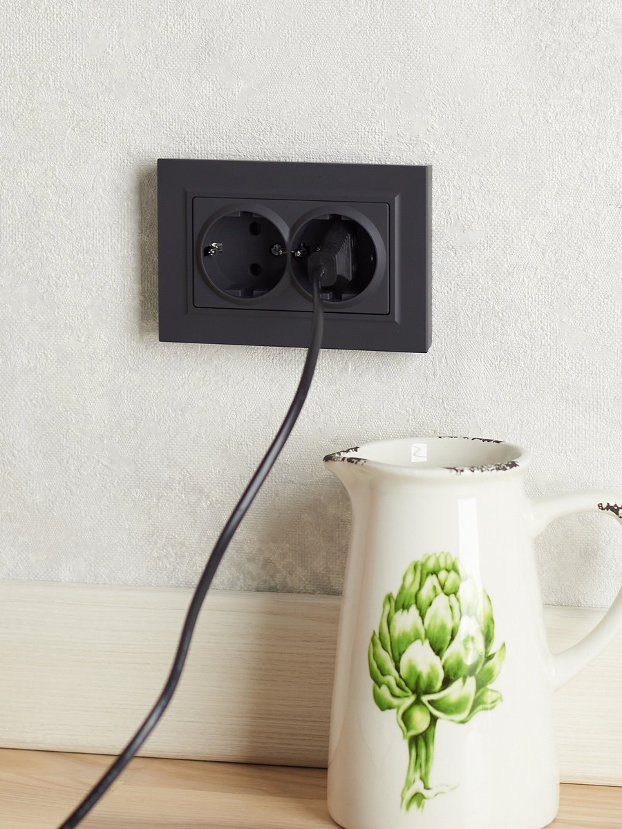 IEK Brite Графит Розетка IEK BRITE 2-ая с/з с шторками 16А в сборе РСш12-3-БрГ графит BR-R24-16-K53-F