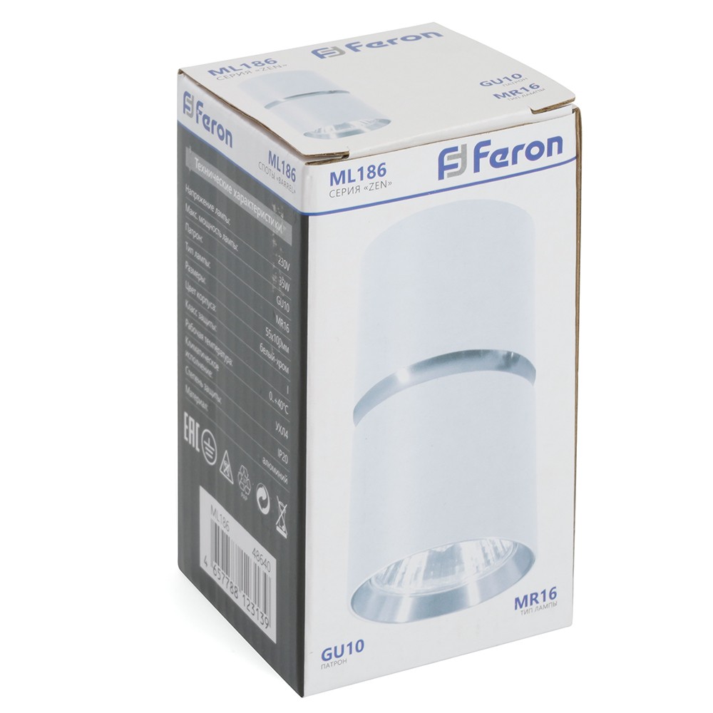 Светильники споты светодиодные Светильник спот потолочный Feron ML186 Barrel ZEN GU10 белый хром 48640 