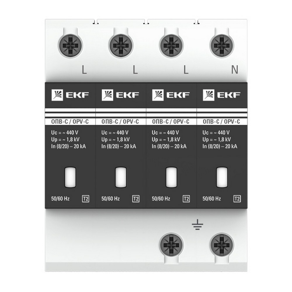 Реле напряжения и контроля фаз Ограничитель импульсных напряжений EKF PROxima ОПВ-C/4P In 20кА 400В с сигн. opv-c4 