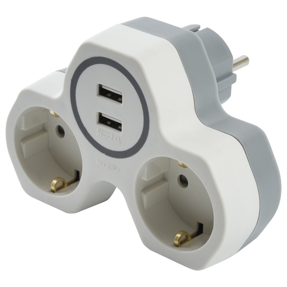 Колодки и удлинители, тройники Разветвитель сетевой 2-местный с/з STEKKER ADP16-14-20 250V 16A и 2-мя USB выходами на 24А огнеустойчивый пластик белый/серый 32872 