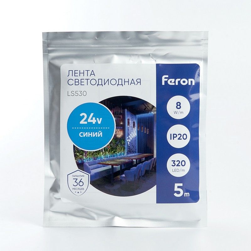 Светодиодная лента синяя Лента светодиодная Feron LS530 COB 320SMD(2110)/м 8Вт/м 24V синий IP20 5 метров 48267 