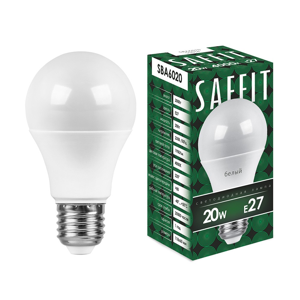 E27 Лампа светодиодная SAFFIT SBA6020 Шар E27 20W 4000K 55014 