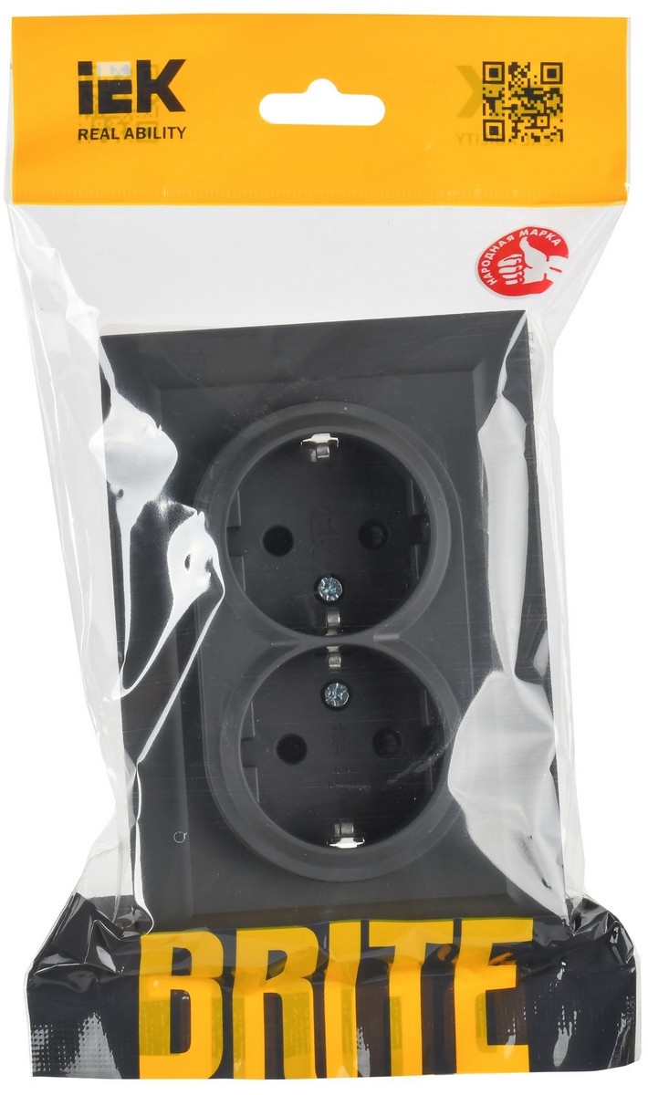 IEK Brite Графит Розетка IEK BRITE 2-ая с/з с шторками 16А в сборе РСш12-3-БрГ графит BR-R24-16-K53-F