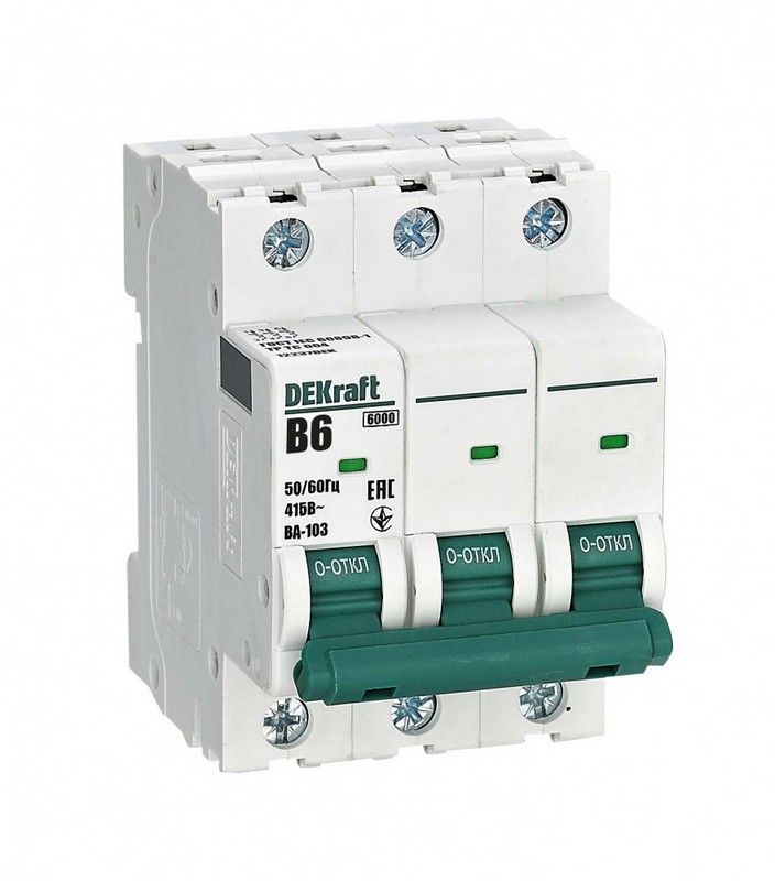 3 полюсные (трехполюсные) Автоматический выключатель DEKraft 3Р 6А B ВА-103 6кА 12237DEK