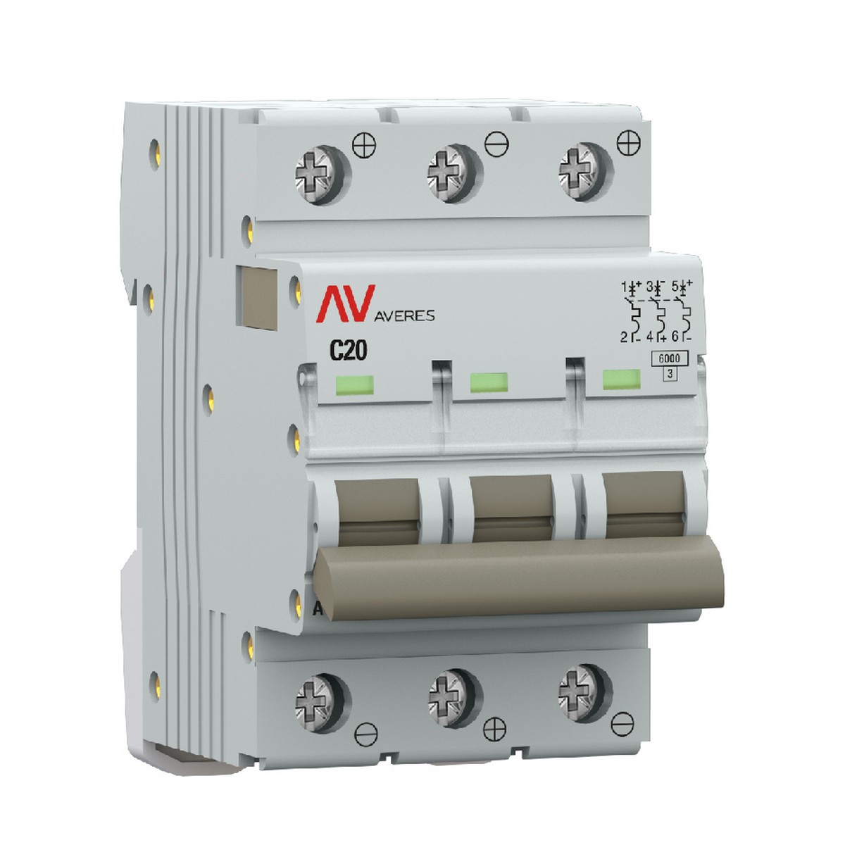 3 полюсные (трехполюсные) Автоматический выключатель EKF AVERES AV-6 DC 3P 20A (C) 6kA mcb6-DC-3-20C-av 