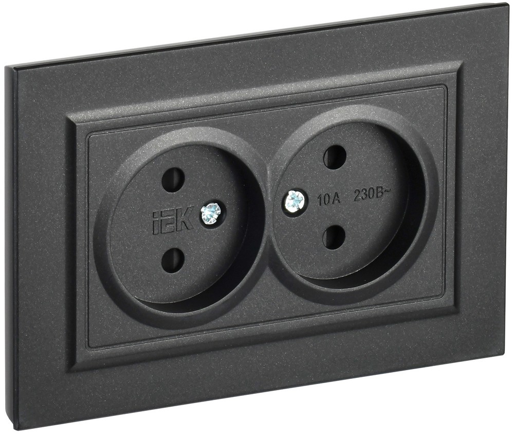 IEK Brite Черный Розетка IEK BRITE Черный 2-я без з/к с з/ш 10А в сборе РСш12-2-БрЧ BR-R23-10-K02-F