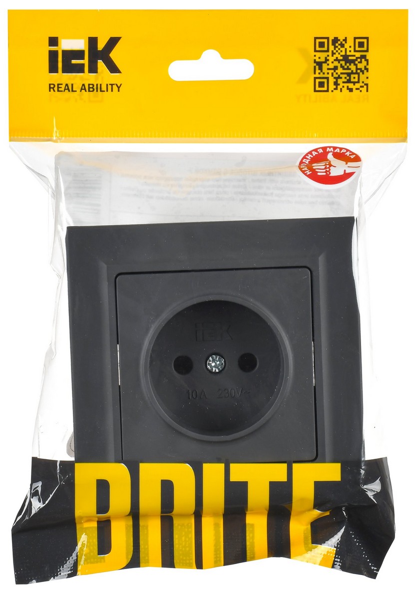 IEK Brite Графит Розетка IEK BRITE Графит без з/к/ш 10А в сборе РСР10-1-0-БрГ BR-R10-10-K53-F