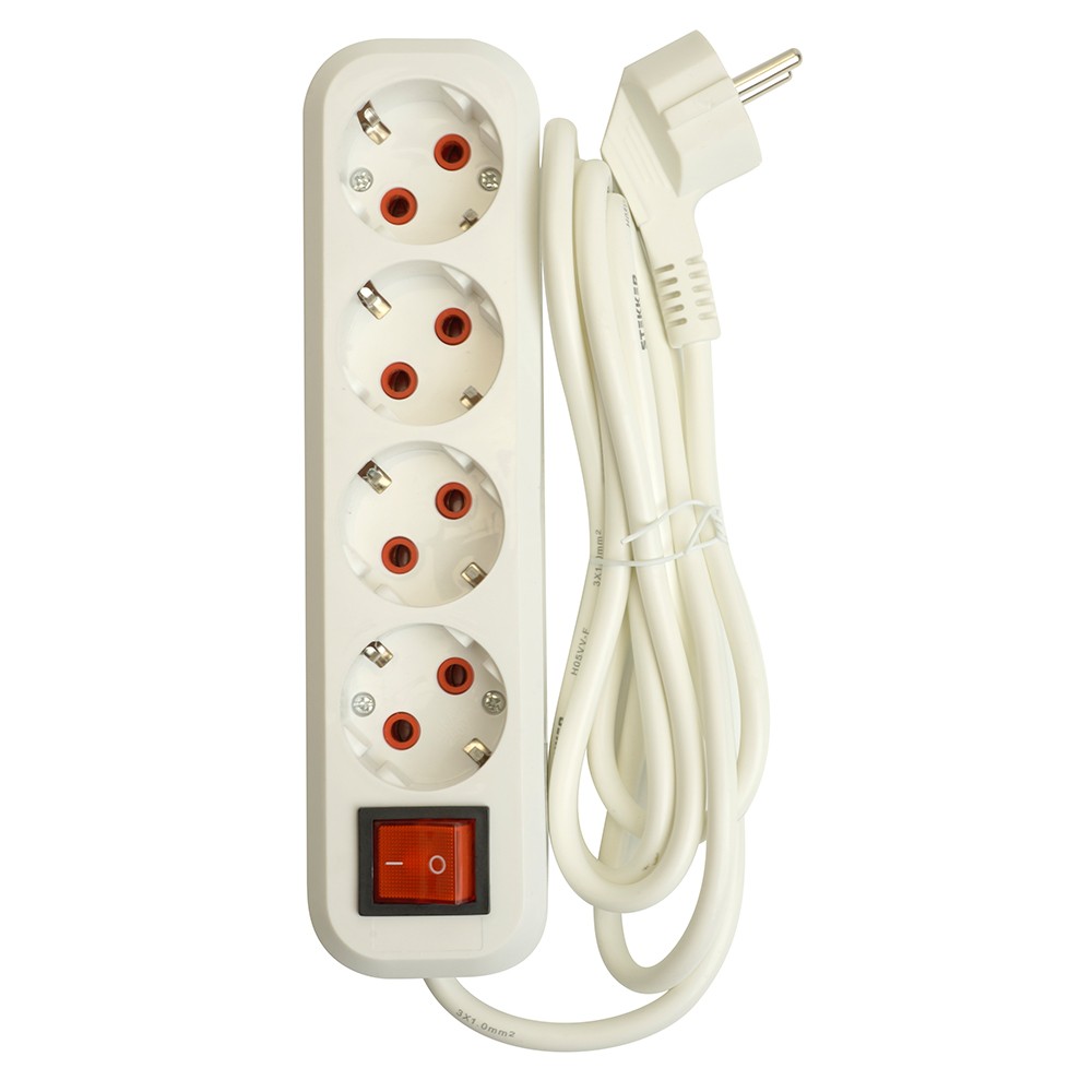 Колодки и удлинители, тройники Удлинитель STEKKER четырехместный с/з с выключ. HM07-41-03 3м Home (У16А-003) белый 49359 