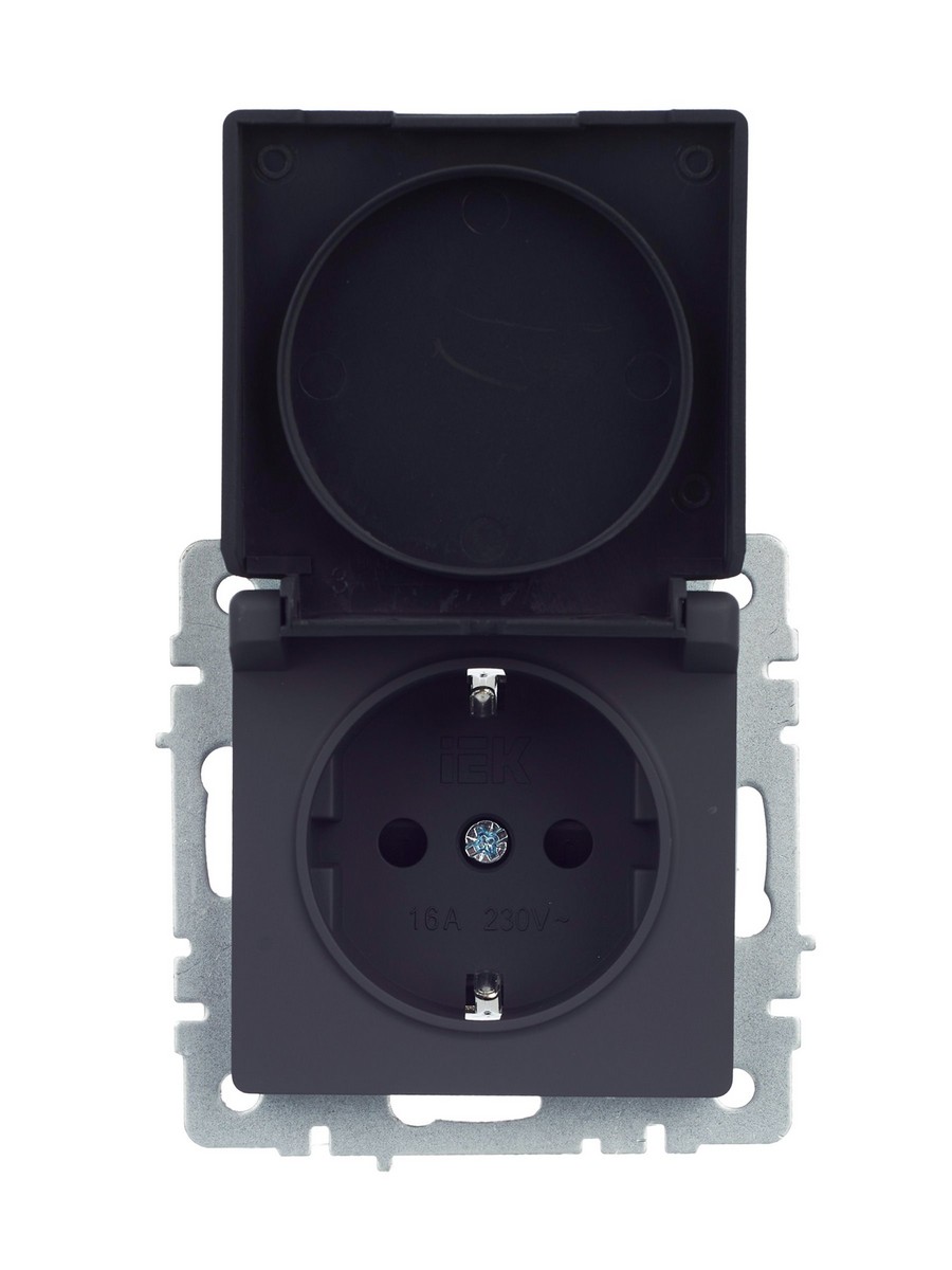 IEK Brite Графит Розетка IEK BRITE с/з с шторками и крышкой 16А IP44 РСбш10-3-44-БрГ графит BR-R16-16-44-K53