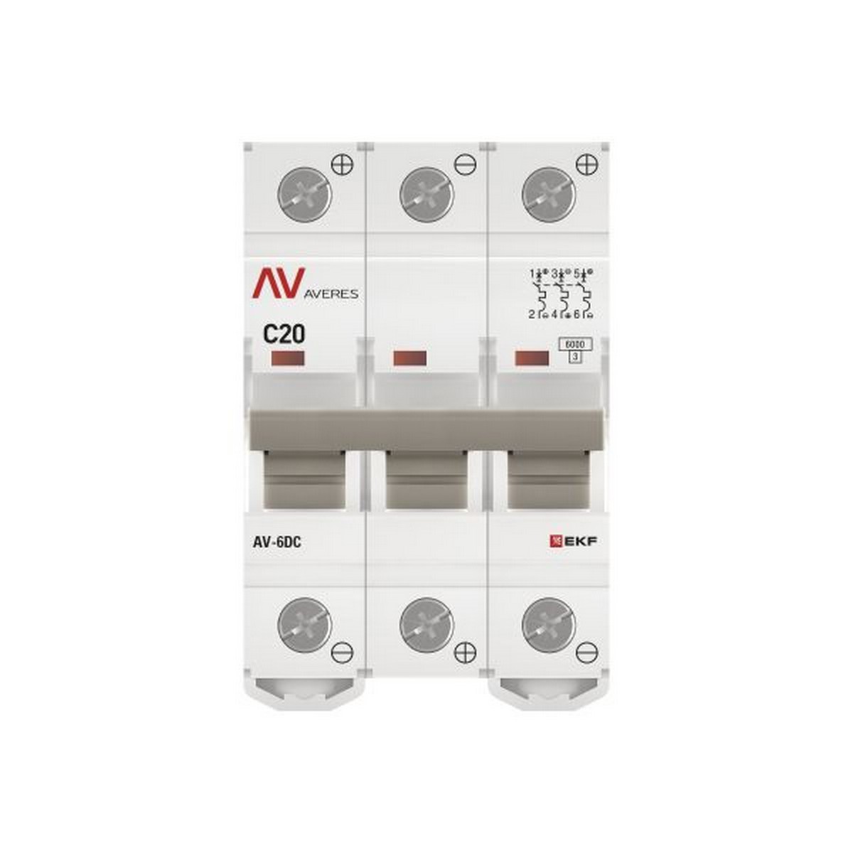 3 полюсные (трехполюсные) Автоматический выключатель EKF AVERES AV-6 DC 3P 20A (C) 6kA mcb6-DC-3-20C-av 