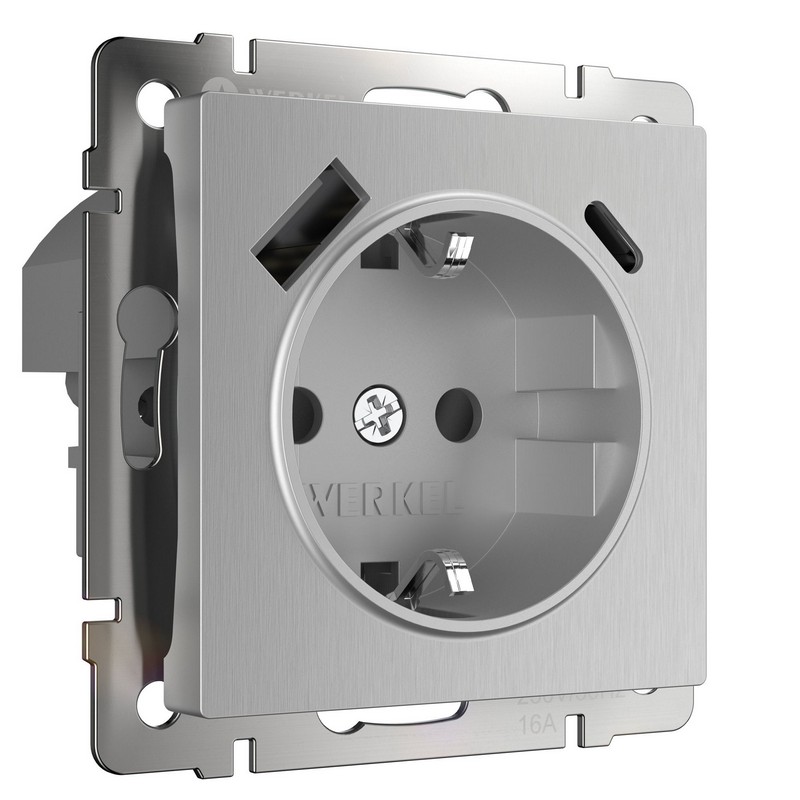 Werkel Серебряный рифленный механизмы Розетка Werkel с быстрой зарядкой USB Type A+С серебряный рифленый W1171709