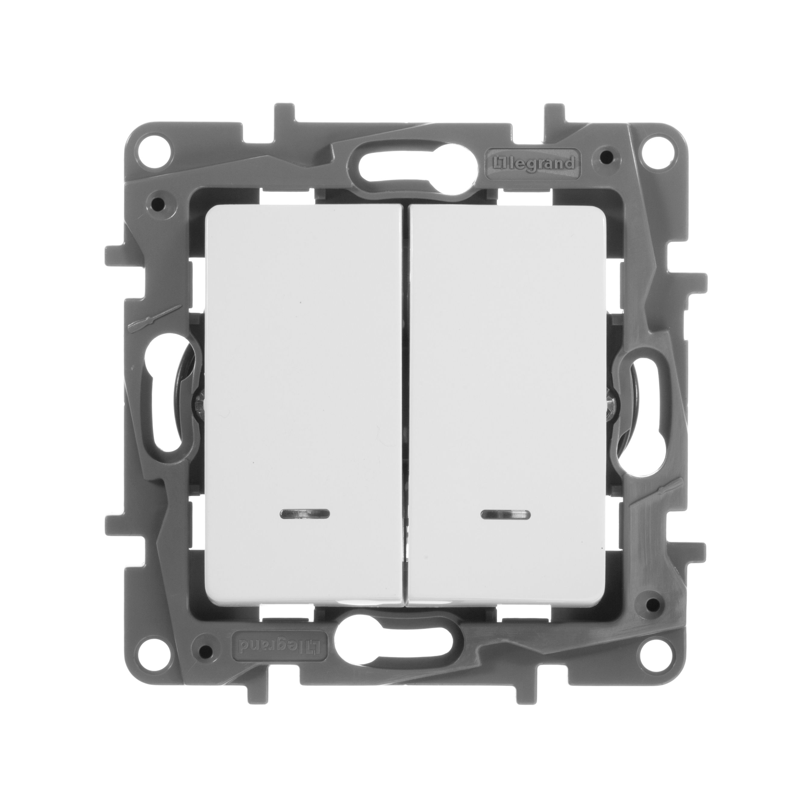 Legrand Etika Белый Переключатель Legrand Etika белый 2-клавишный с подсветкой, 10А, авт. клем 672216