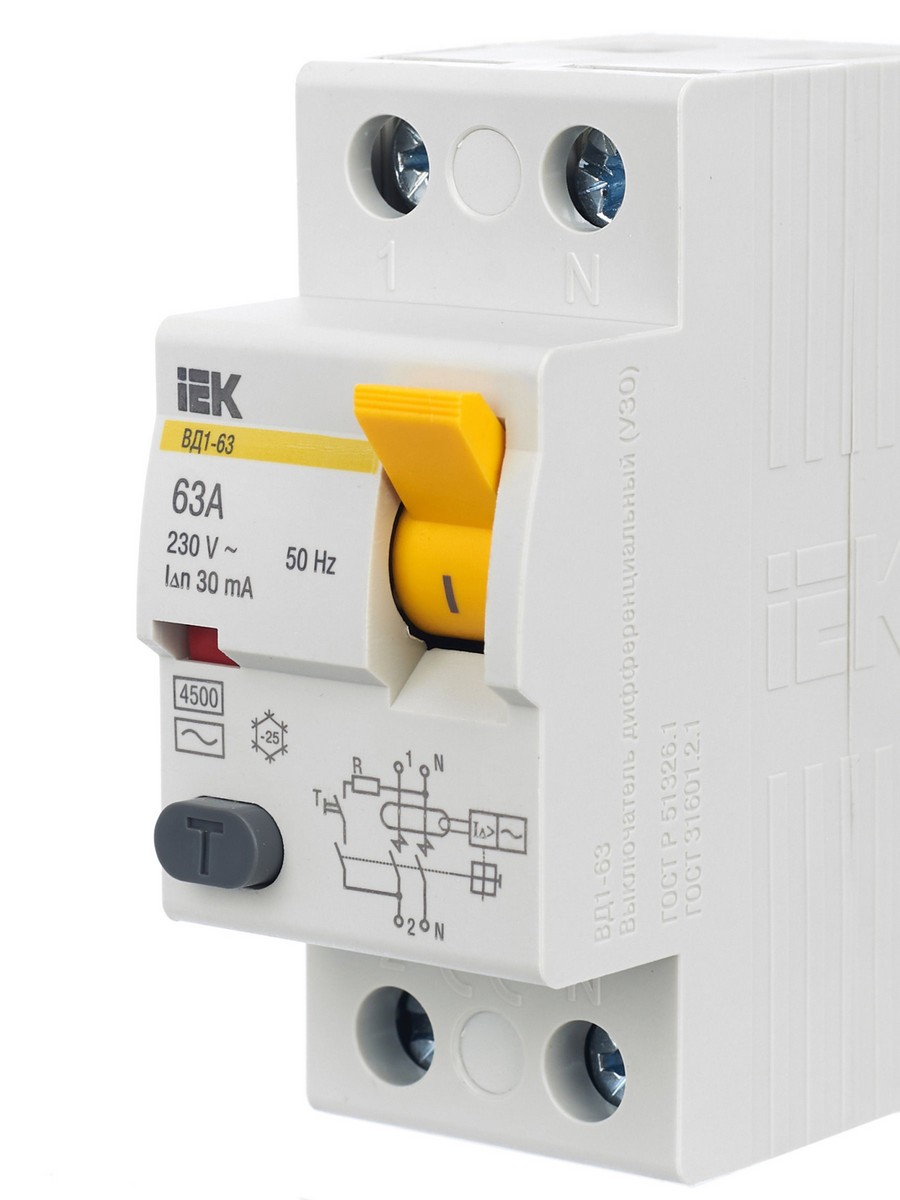 IEK Выключатель дифференциальный IEK KARAT ВД1-63 (УЗО) 2Р 63А 30мА MDV10-2-063-030 