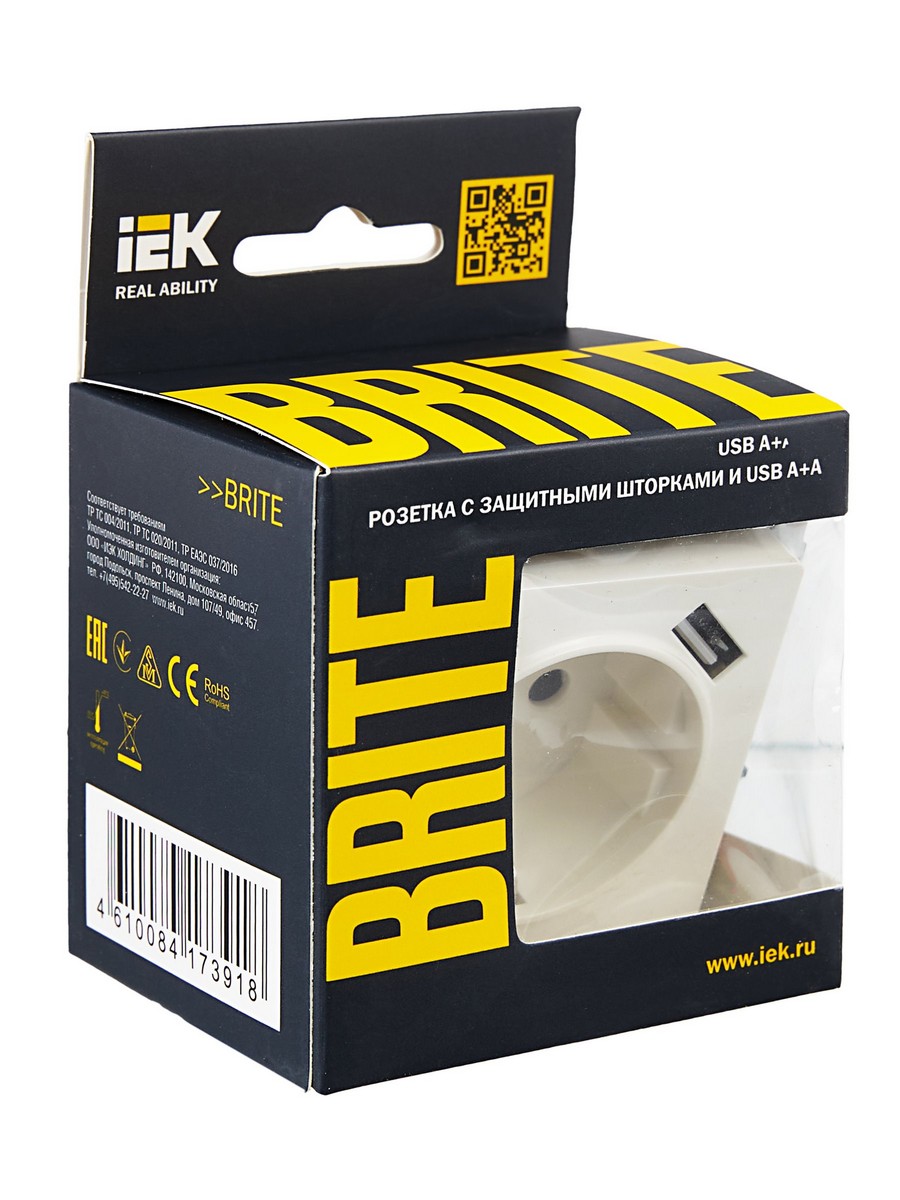 IEK Brite Белый Розетка IEK BRITE с с/з и шторками 16А с USB A+A 3,1А РЮш10-2-БрБ белый BR-R14-16-U21-D31-K01