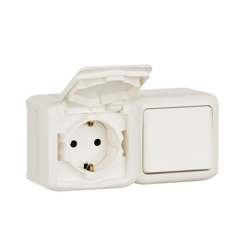 Накладные Розетки и выключатели Legrand Quteo IP44 Белый Выключатель+розетка Legrand Quteo с/заземлением IP44 белый  782318