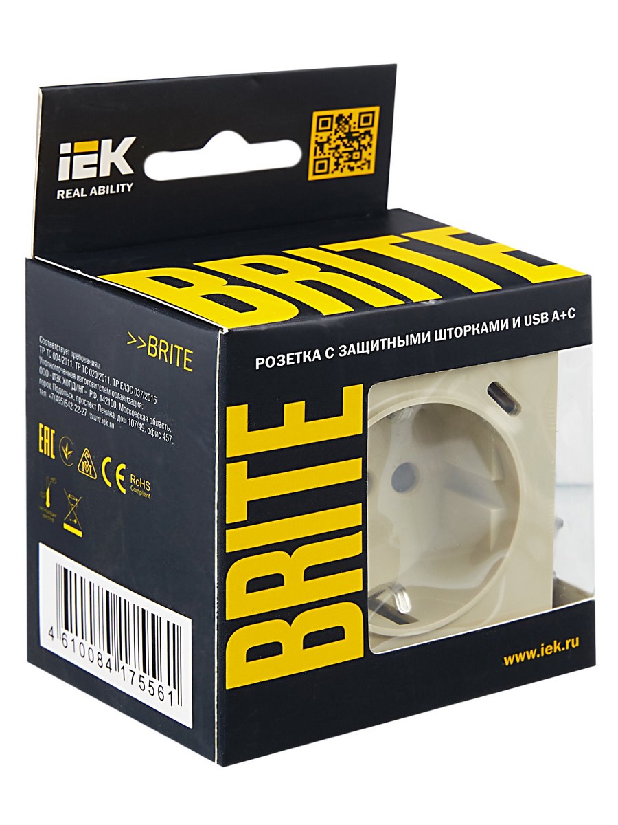 IEK Brite Бежевый Розетка IEK BRITE с с/з и шторками 16А с USB A+C 18Вт РЮш11-1-БрКр бежевый BR-R14-16-U22-018-K10