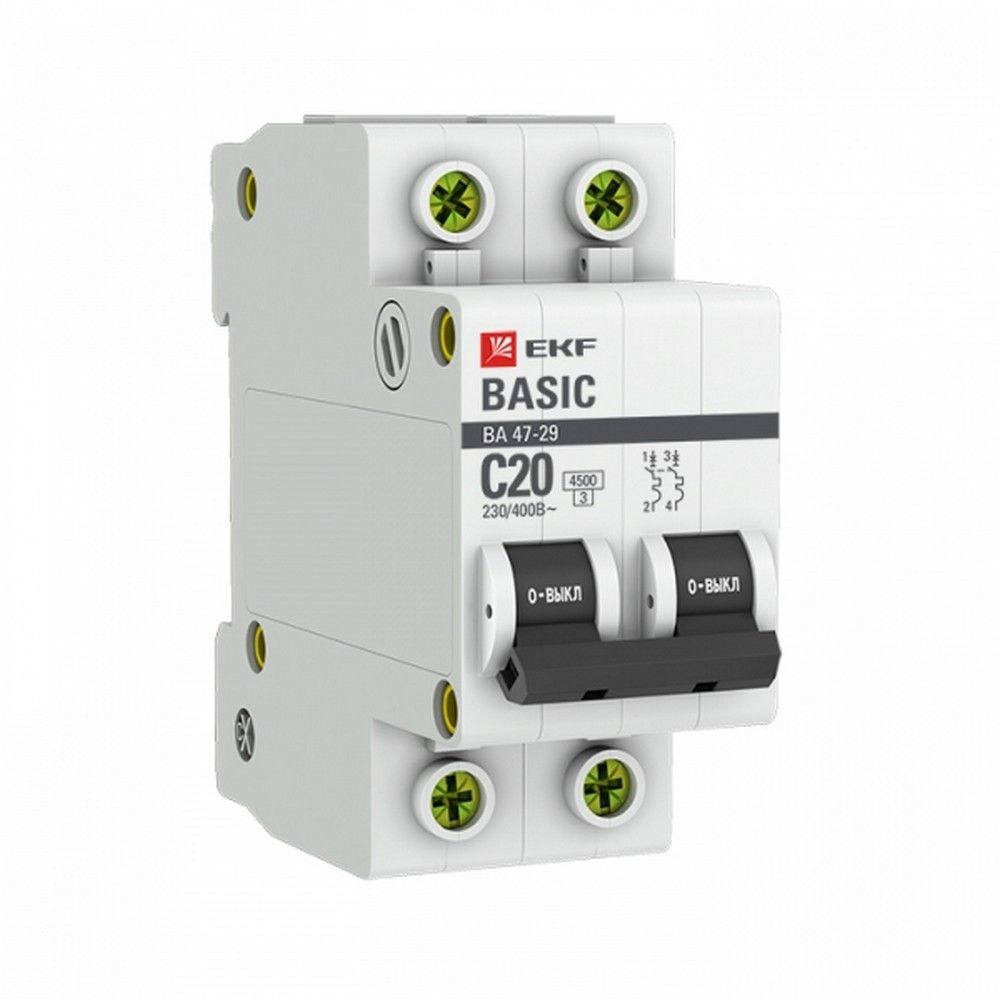 2 полюсные (двухполюсные) Автоматический выключатель EKF Basic ВА 47-29 2P 20А (С) 4,5кА mcb4729-2-20C