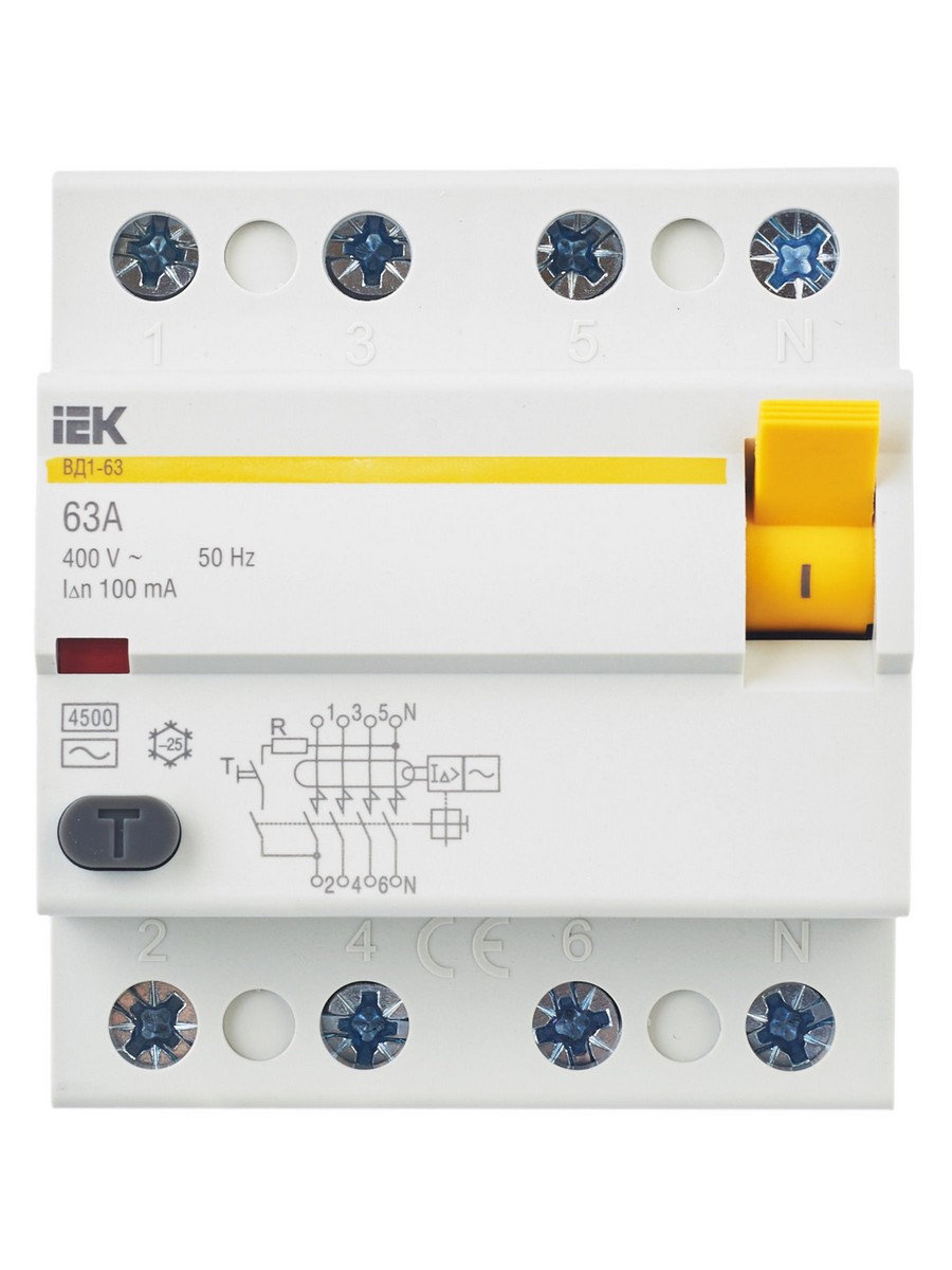 IEK Выключатель дифференциальный IEK KARAT ВД1-63 (УЗО) 4Р 63А 100мА MDV10-4-063-100 